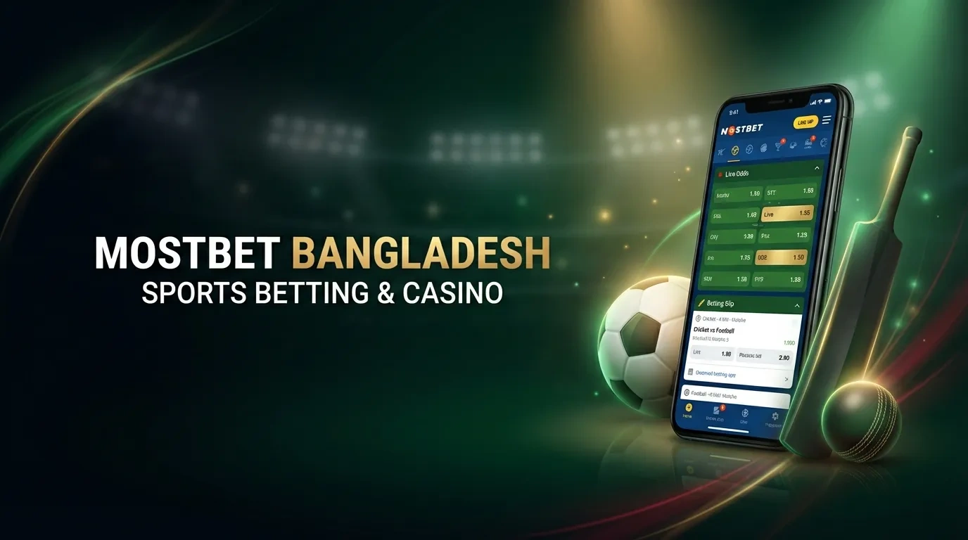 Wide website banner, 1920x500, modern sportsbook theme, dark elegant background (deep black to dark green gradient), premium clean style, cinematic lighting, depth of field. Background with subtle stadium lights glow, soft spotlight effects, and minimal abstract textures, creating a high-end sports betting atmosphere. Main composition focused on sportsbook and Bangladesh identity: On the right side: a modern smartphone displaying a clean sports betting interface (generic UI), with live odds, betting slips, and match highlights. Include subtle sports elements: football, cricket bat and ball, and other regional sports cues, integrated cleanly. Add soft glowing accents in green and gold to highlight betting activity and energy. Optional: subtle Bangladesh identity hint (green-red color accent or abstract flag tones), very minimal and elegant. Soft motion cues: light streaks or dynamic lines to suggest live betting and fast action. Soft reflections and highlights on device and elements, no excessive glow. Color palette: dark green, black, gold accents, subtle red hints. Center-left text layout: "MOSTBET BANGLADESH" Below larger: "SPORTS BETTING & CASINO" Typography: modern, bold, clean, white or gold gradient, sharp and highly readable. Clean composition with clear hierarchy, lots of spacing, professional sportsbook banner, ultra sharp, high detail, dynamic and premium feel.